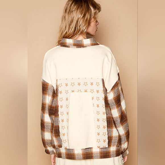 POL Shacket Star Plaid Bohemian Patchwork Exposed Raw Fray Seam Oversized Jacket - Picture 6 of 12